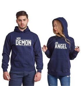 Μπλούζες φούτερ με κουκούλα για ζευγάρια Her Demon and His Angel His Angel, Her Demon, Couple Matching Sweaters