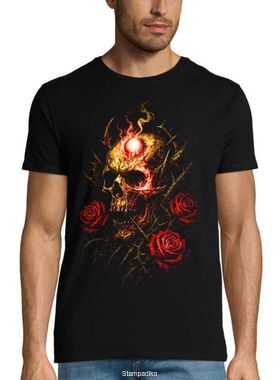 Μπλούζα με στάμπα Fire Skull & Roses - Dark Rock Edition