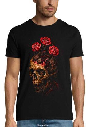 Μπλούζα με στάμπα Skull and Roses - Dark Gothic Art Design